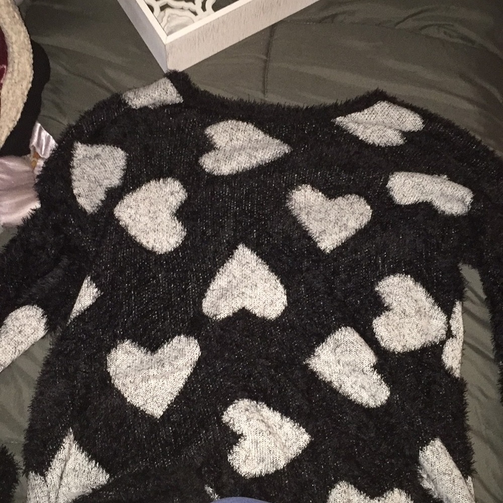 Long Sleeve Fluffy Black and White Heart Sweater